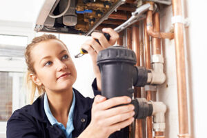 female plumber working on central heating boiler